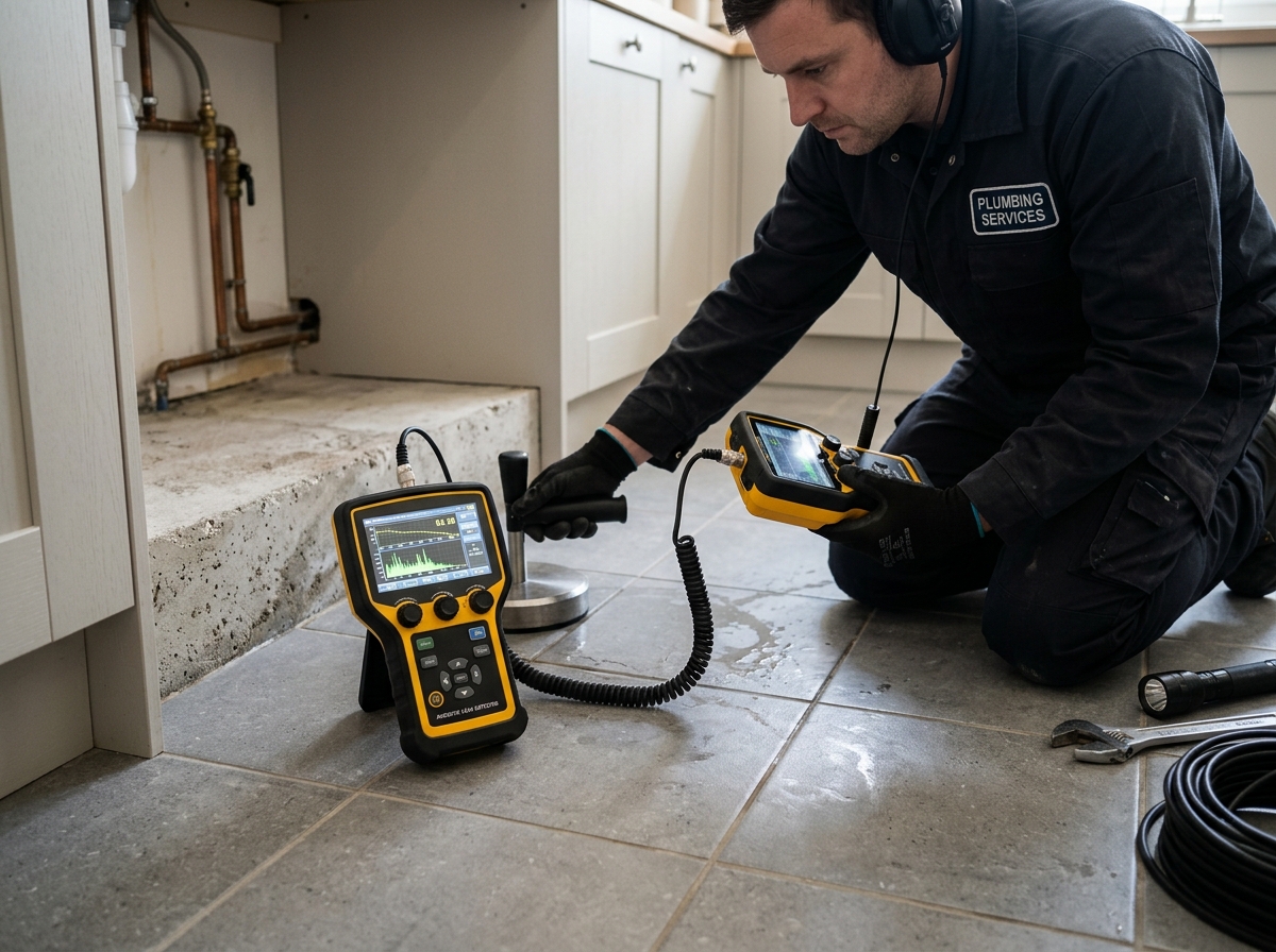 Plumbing technician utilizing digital acoustic detection equipment on concrete slab in Baytown TX